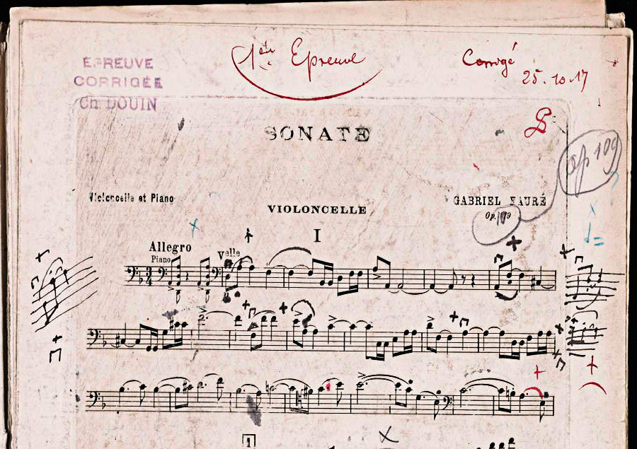 Figure 4: Gabriel Fauré: Sonate op.109, first movement, bars 1–21. First proof, cello part (1917).