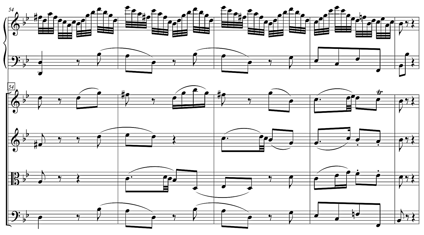 Figure 5b: W. A. Mozart Piano concerto B flat major, KV 456, ‘Andante con moto’, bars 54-57.
